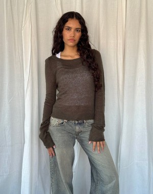 Motel Rocks Addison Long Sleeve Sheer Knit Top Naisten Puserot Tummanruskea | MMU4487HG