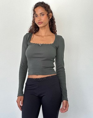 Motel Rocks Bovita Long Sleeve Ribbed Naisten T Paidat Vihreä Harmaat | WYJ4091BK