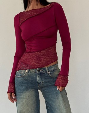 Motel Rocks Lucca Long Sleeve Naisten T Paidat Punainen | LQF2676MQ