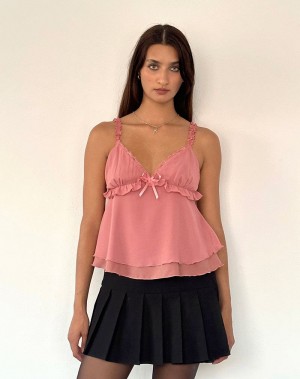 Motel Rocks Melinda Frill Cami Naisten Hihaton Paita Pinkki | SBG3249JQ