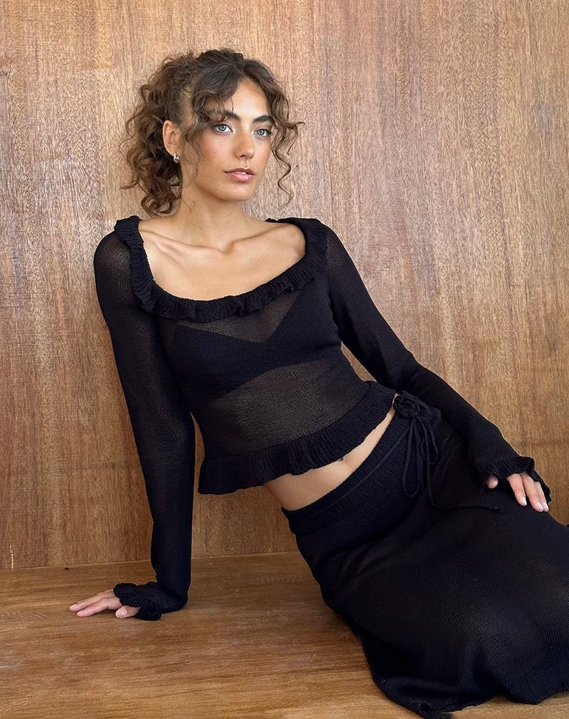 Motel Rocks Ayako Frill Fine Knit Naisten T Paidat Mustat | FUV6869WI