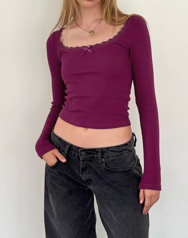 Motel Rocks Bovita Long Sleeve Ribbed Naisten T Paidat Violetit | VDJ6720XK