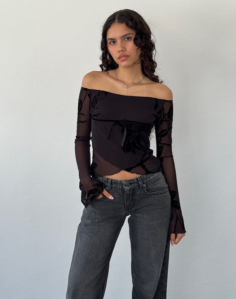 Motel Rocks Kareena Long Sleeve Bardot Naisten T Paidat Violetit Mustat | PDG2548NM