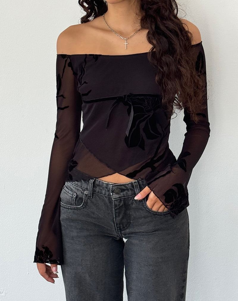 Motel Rocks Kareena Long Sleeve Bardot Naisten T Paidat Violetit Mustat | PDG2548NM