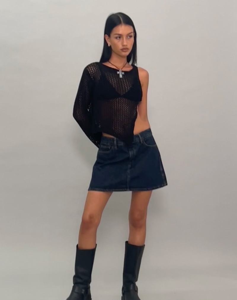 Motel Rocks Nung Open Knit Asymmetric Naisten T Paidat Mustat | QWC9711TU