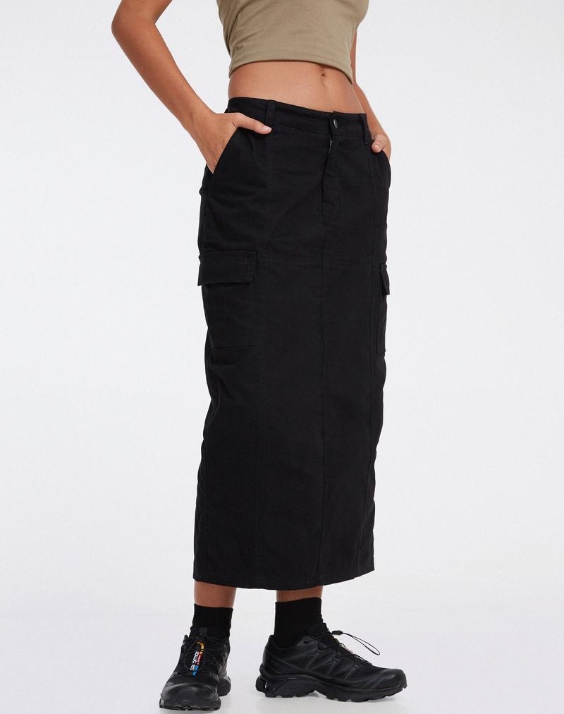 Motel Rocks Widya Cargo Midi Naisten Hameet Mustat | ZRB3990LP